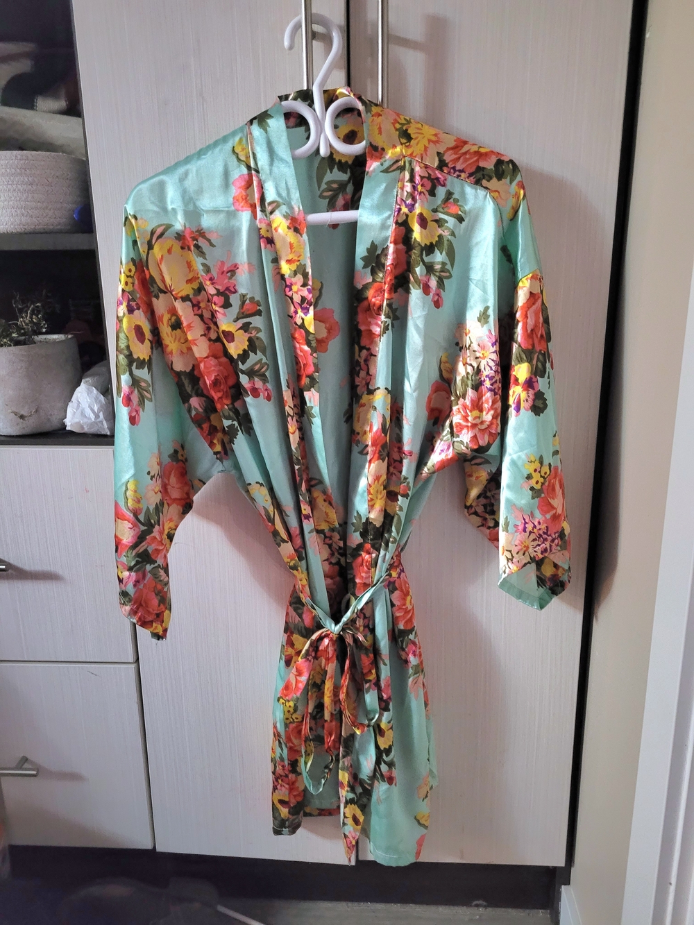 Floral Satin Robe in Aqua Green